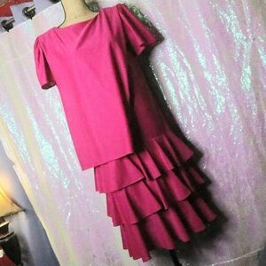 VINTAGE PINK RUFFLE DRESS 10 T&F Bright Wrap Formal Short Sleeve Modest Party